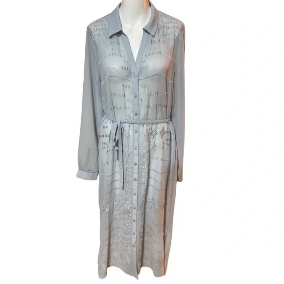 Soft Surroundings Blue Sheer Lace Long Sleeve Tie Belted Maxi Embroidered Dress - Picture 2 of 8